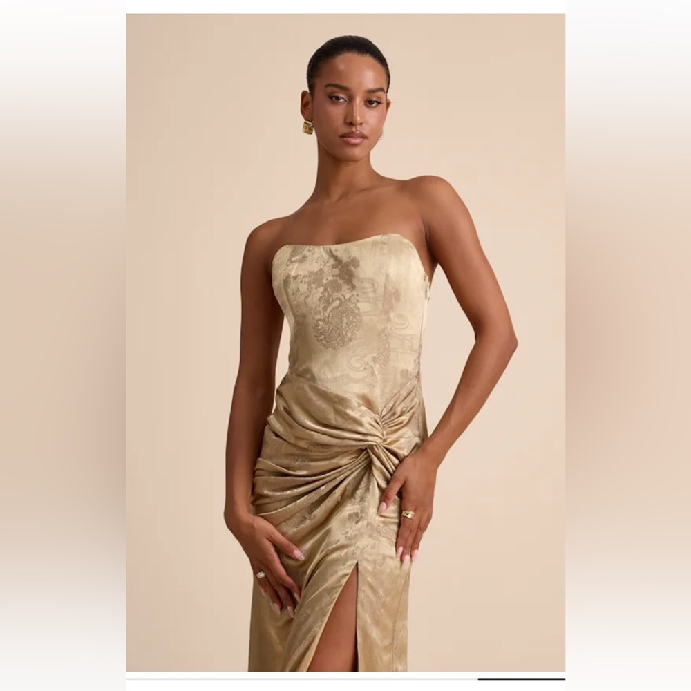 NWOT Lulus Whitney Gold Jacquard Strapless Twist-Front Maxi Dress - Picture 5 of 7